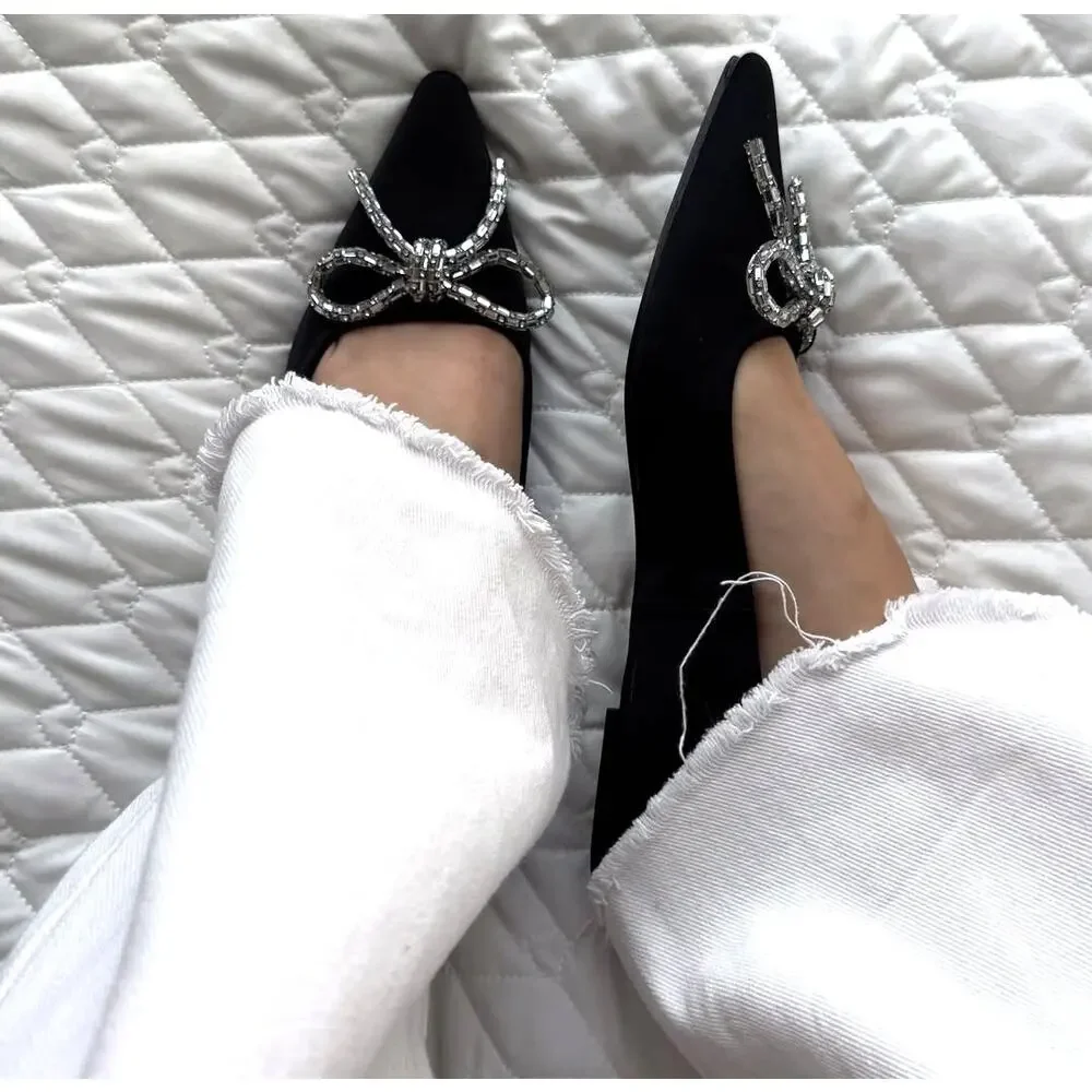 ZARA Rhinestone Bow Pointed Toe Ballet Flats NWT Black Size 7.5